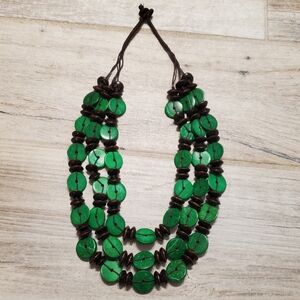 Green Brown Coconut Shell Beaded Necklace 24 Inches Bohemian Boho Beach